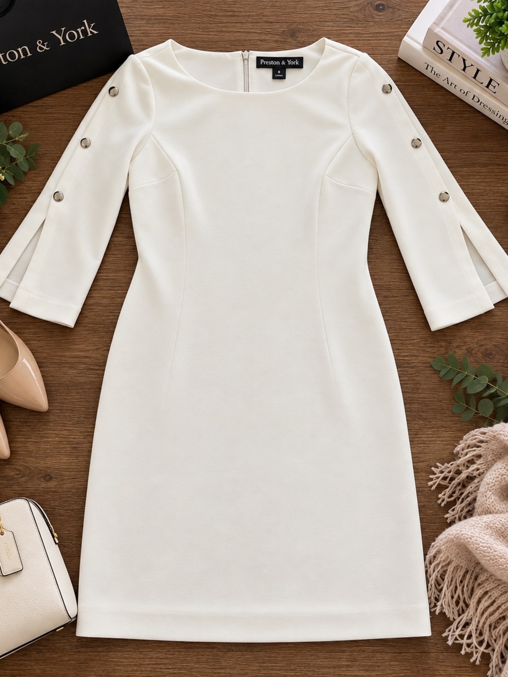 Preston & York Ivory Sheath Dress Size 8 Split Sleeve Bridal Events